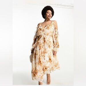 ASOS Curve Floral Long Sleeve Dress in Cream and Brown